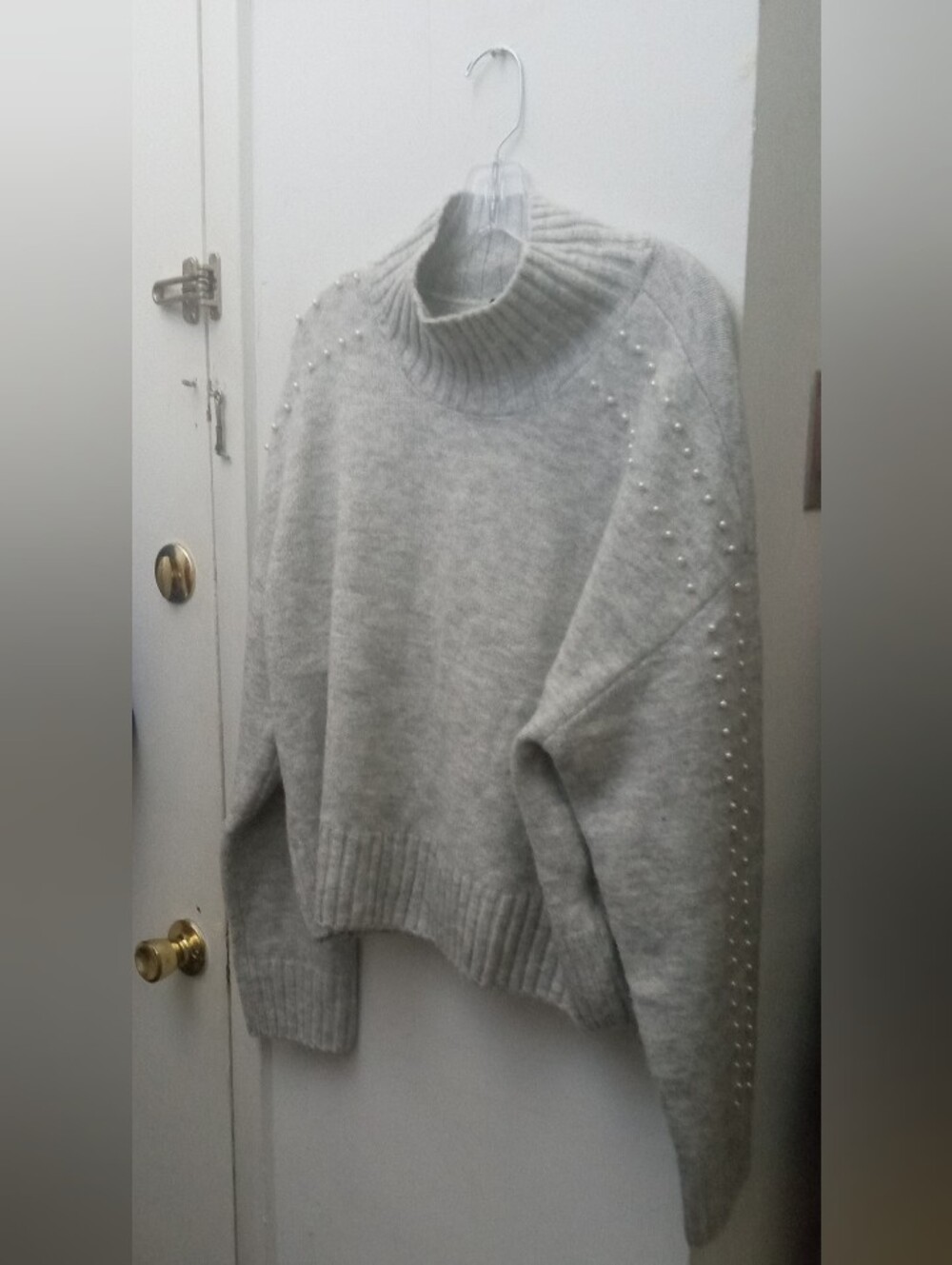 Ellen Tracy Light Gray Pearl-Trim Turtleneck Sweater